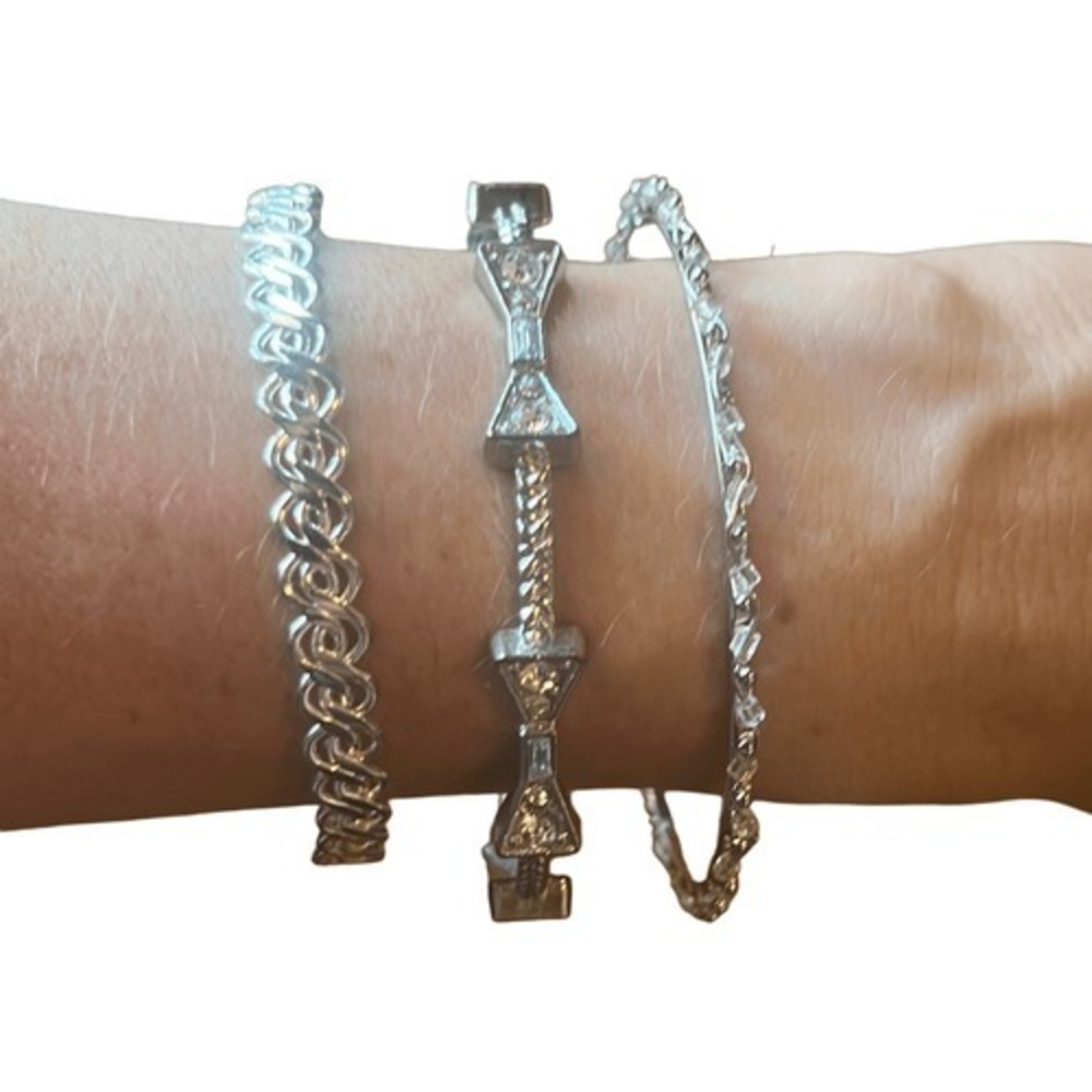Silver Tone Diamond Set‎ of 3 Fashion Bangles Bracelets Bows Art Deco Bling Glam